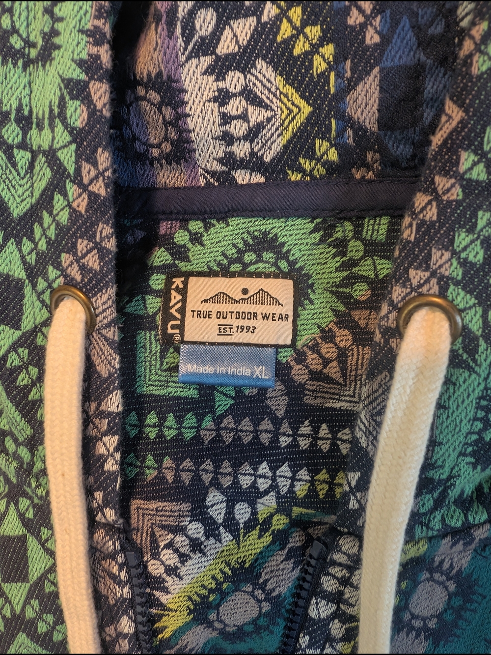 Kavu Outdoor Wear Patterned Blue-Green Hooded Zip-Up Long Length Sweatshirt XL - Picture 4 of 13